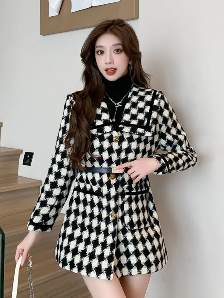 Kvinnors ytterkläder vinter vintage kvinnor tweed jackor koreanska mode enkelt enkelbröst casual tjockare lös kvinnlig rutig ullrockar 2024