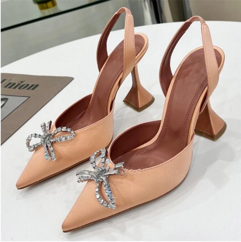 Jeweled Crystal Butterfly-Knot Sandals Women High Goblet Heel Luxury Satin Pointed Toe Summer Wedding Dress Shoes