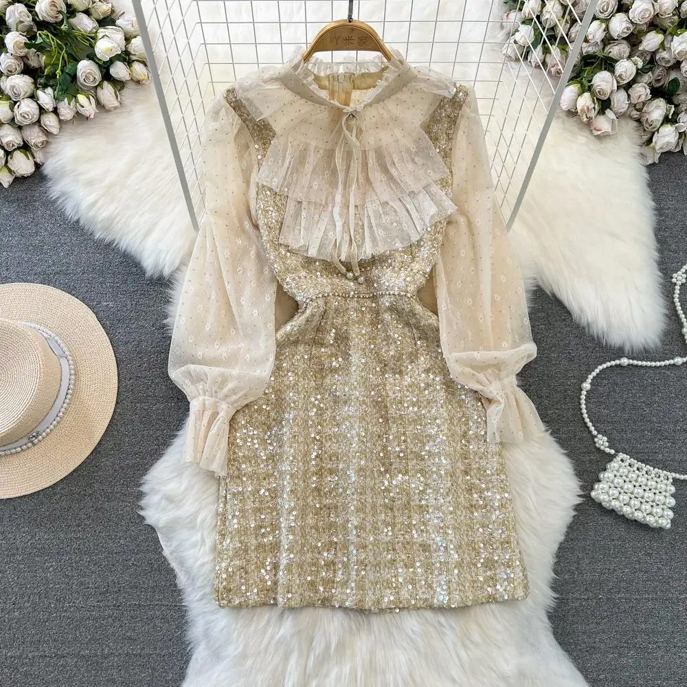 Casual Dresses Autumn Luxury Flower Embroidery Mesh Patchwork Sequined Tweed Dress Women Ruffled Bow Tie Flare Sleeve Slim Woolen Vestidos 2024