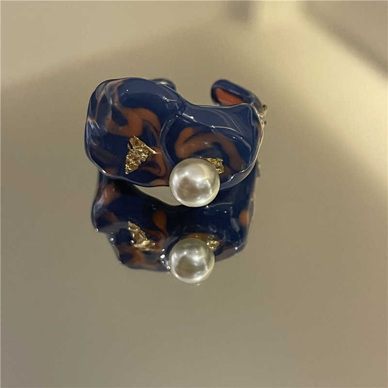 Bagues de bande LOVOC 2023 nouvelle bague en émail géométrique irrégulière à la mode pour les femmes Imitation perle dégradé couleur ouverte bague réglable bijoux P230411