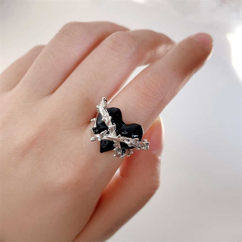 Band Rings Love Heart Open Ring For Women Kpop Geometric Crystal Ring Moonstone Gothic Finger Ring Y2K Cessories Trendy Eesthetic Jewelry P230411