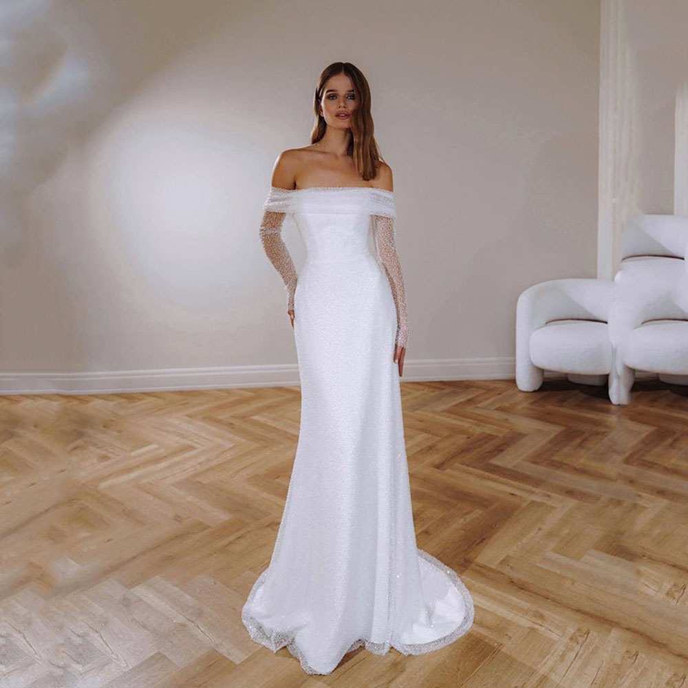 Sodigne Off Ramerz brokat Kobiety Suknie ślubne syreny Plece długie błyszczące rękawy Bodycon Boho Bridal Suknie dla kobiet