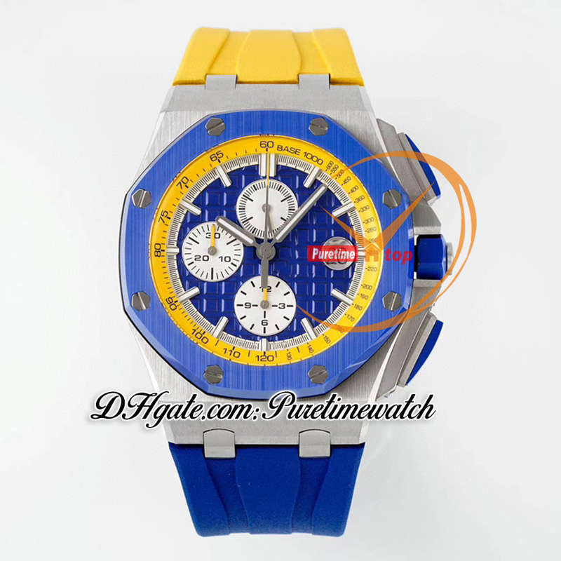 APF 44 mm 26400SO A3126 Automatik-Chronograph Herrenuhr Gelb Weiß Index Blaue Keramiklünette Kautschukarmband Exklusive Technologie Superversion Puretimewatch D4