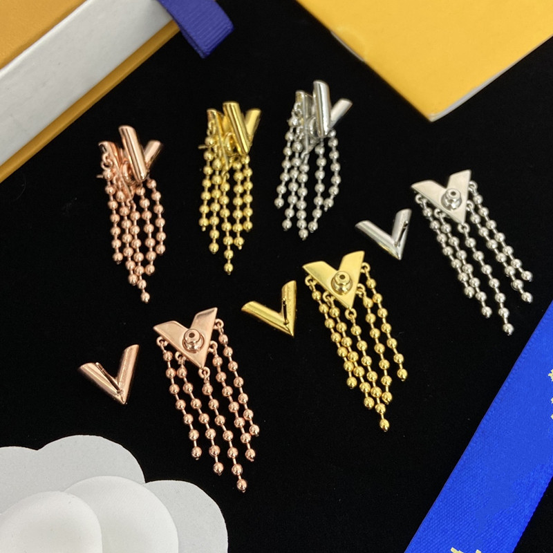 With BOX Fashion Women Brand Designers Stud Geometry Long Tassel Letter 18K Gold Plated Crystal Earrings Wedding Party Jewelry Classic Style Gift