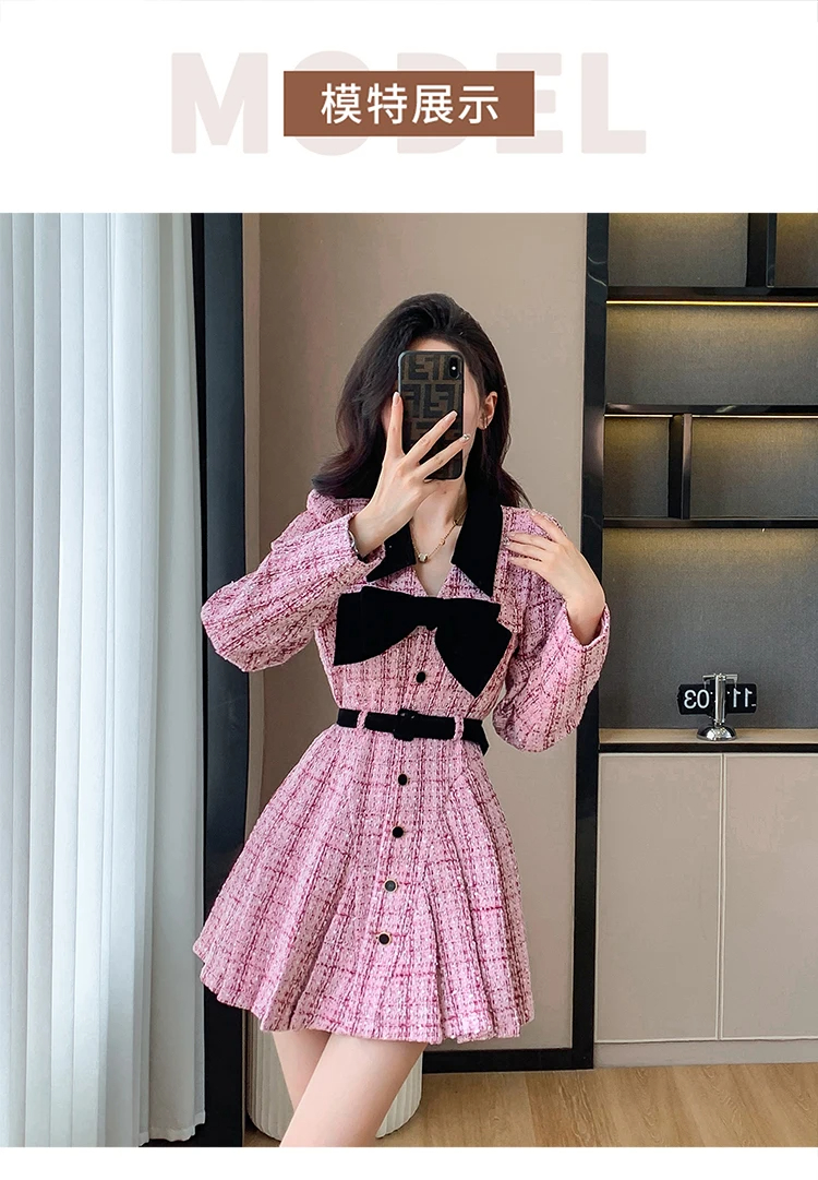 Basic Casual Dresses Autumn Winter Sweet Pink Tweed Pleated Mini Dress For Women Lapel Collar Velvet Bowknot Thick Single Breasted Belt Clothes 2024