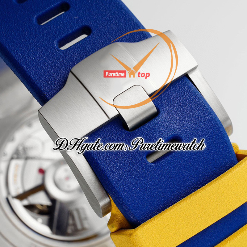 APF 44 mm 26400SO A3126 Automatik-Chronograph Herrenuhr Gelb Weiß Index Blaue Keramiklünette Kautschukarmband Exklusive Technologie Superversion Puretimewatch D4
