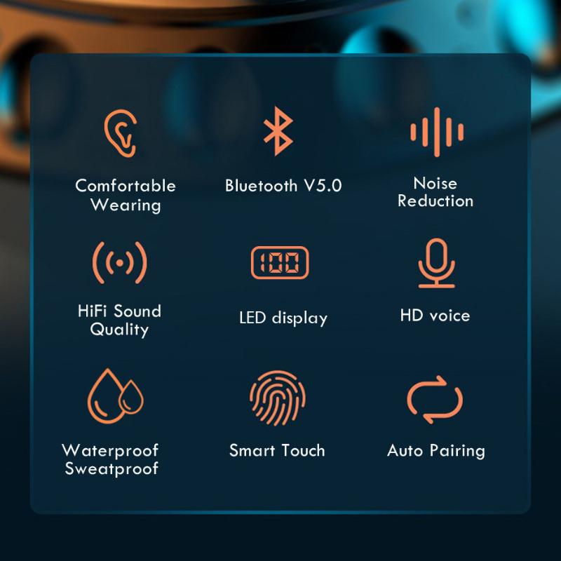 F9-5 fones de ouvido sem fio 5c TWS Bluetooth 5.0 Earónos 9D Música estéreo HandsFree 200mAh Caixa de carregamento com fones de ouvido de microfone esportivo
