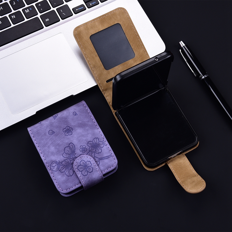 Zflip5 Sakura Flower Folding Leather Case för Samsung Galaxy Z Flip 5 4 3 Flip5 4 Fashion Luxury Wallet Retro Print Cherry Cat