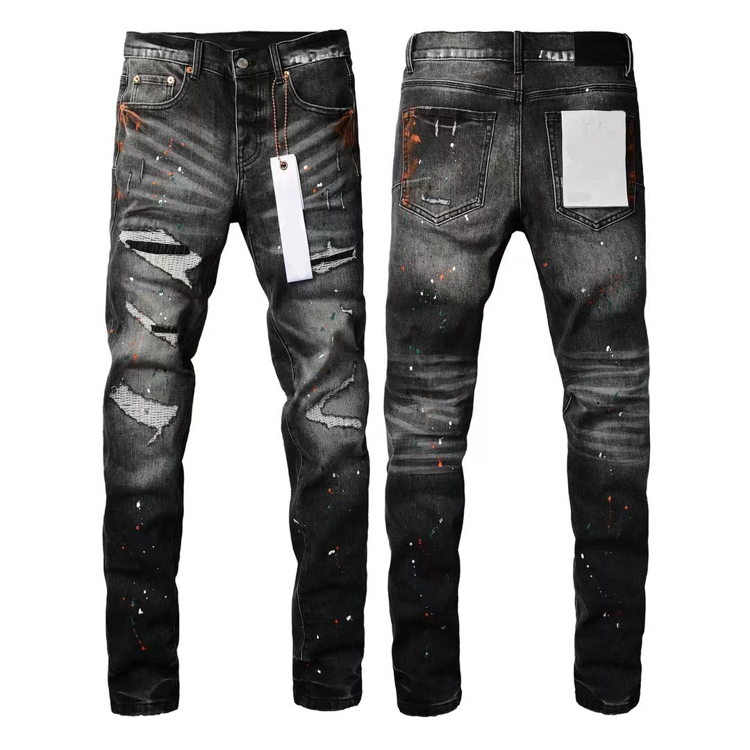 Designer masculino jeans roxo angústia rasgado motocicleta magro jeans retos splash-ink calças dobradas impressão masculina para fazer calças justas masculinas de moda antiga tamanho 28-40