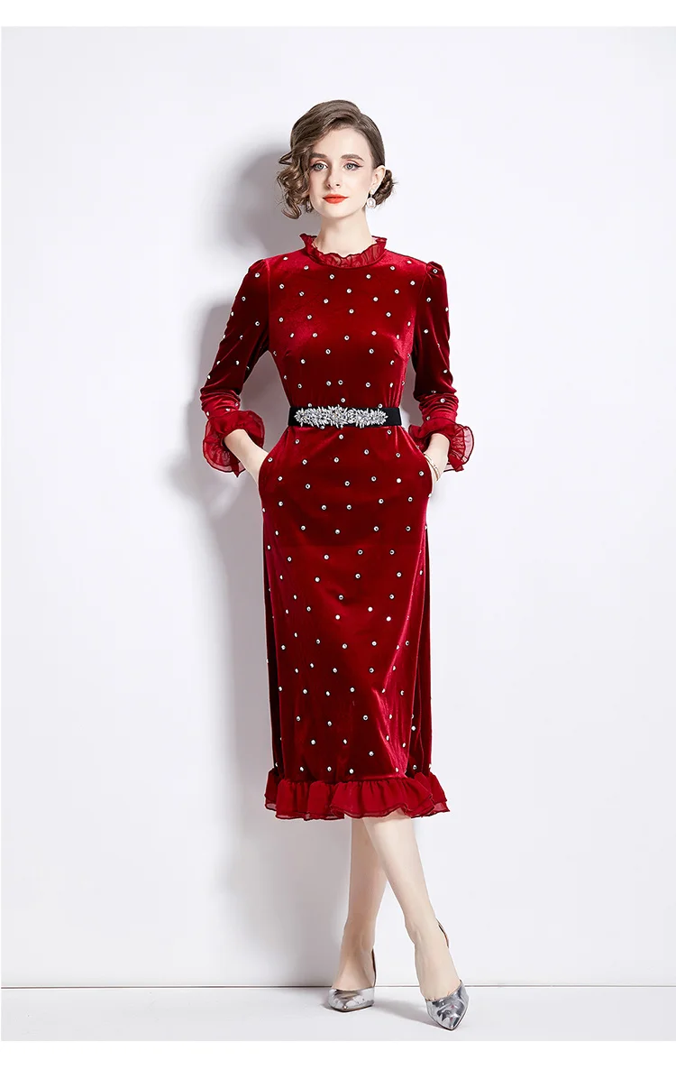 Basic Casual Dresses Fashion New Fashion Luxury Autumn Velvet Party Dress High Quality Women's Ruffled Collar Diamonds Wine Red Bodycon Mermaid Midi Clothes 2024