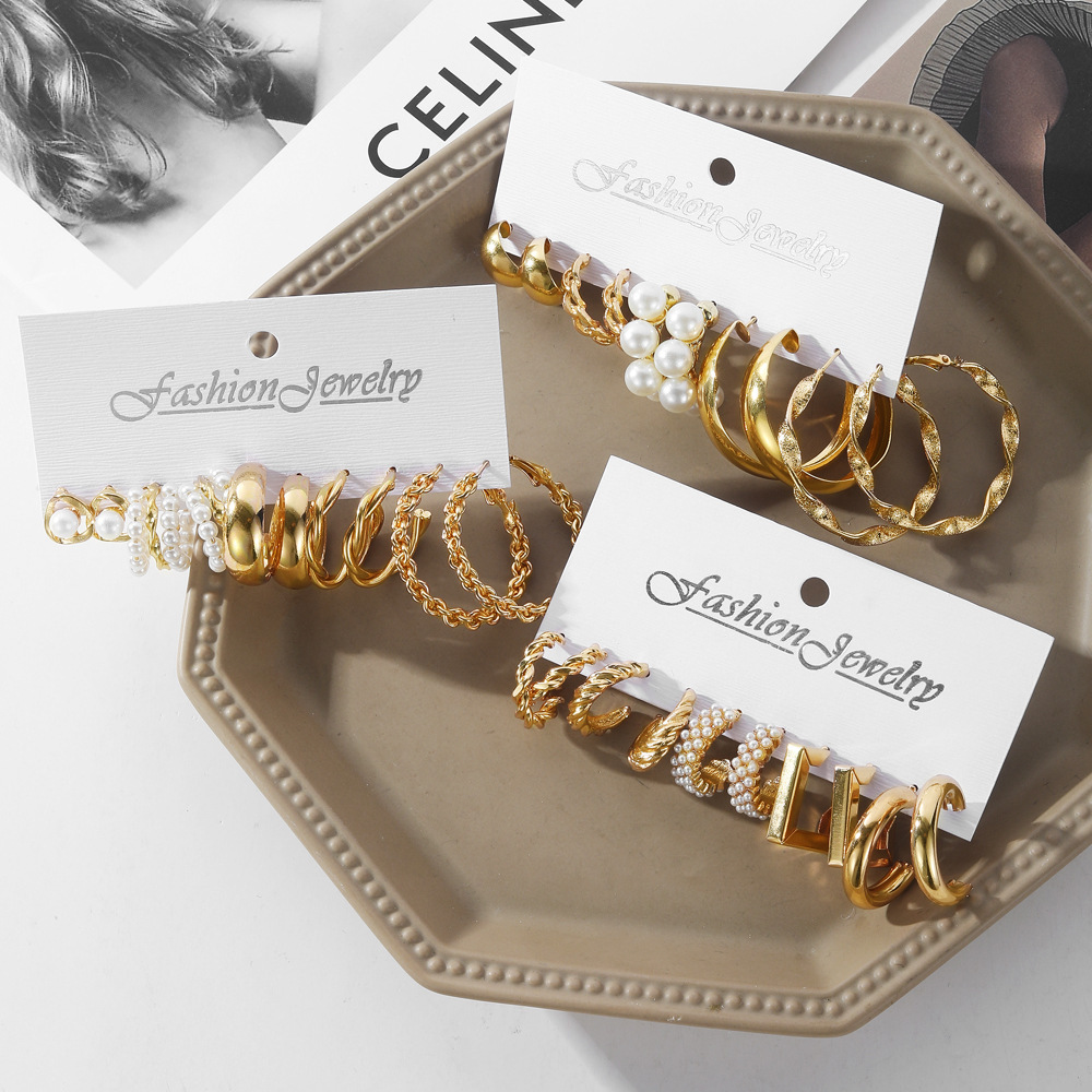 여성 금속 귀걸이 세트 기하학적 귀걸이 트위스트 체인 진주 귀걸이 패션 보석