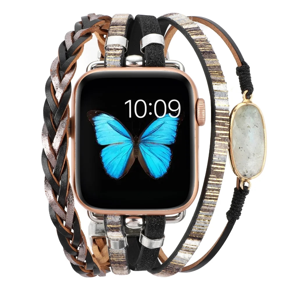 Bracelet en cuir pour femmes, pour iWatch série Ultra 2 8 7 6 SE, bijoux en métal, pour Apple Watch Band 9 Ultra 49mm 44mm 40mm 45mm 41mm, ceinture