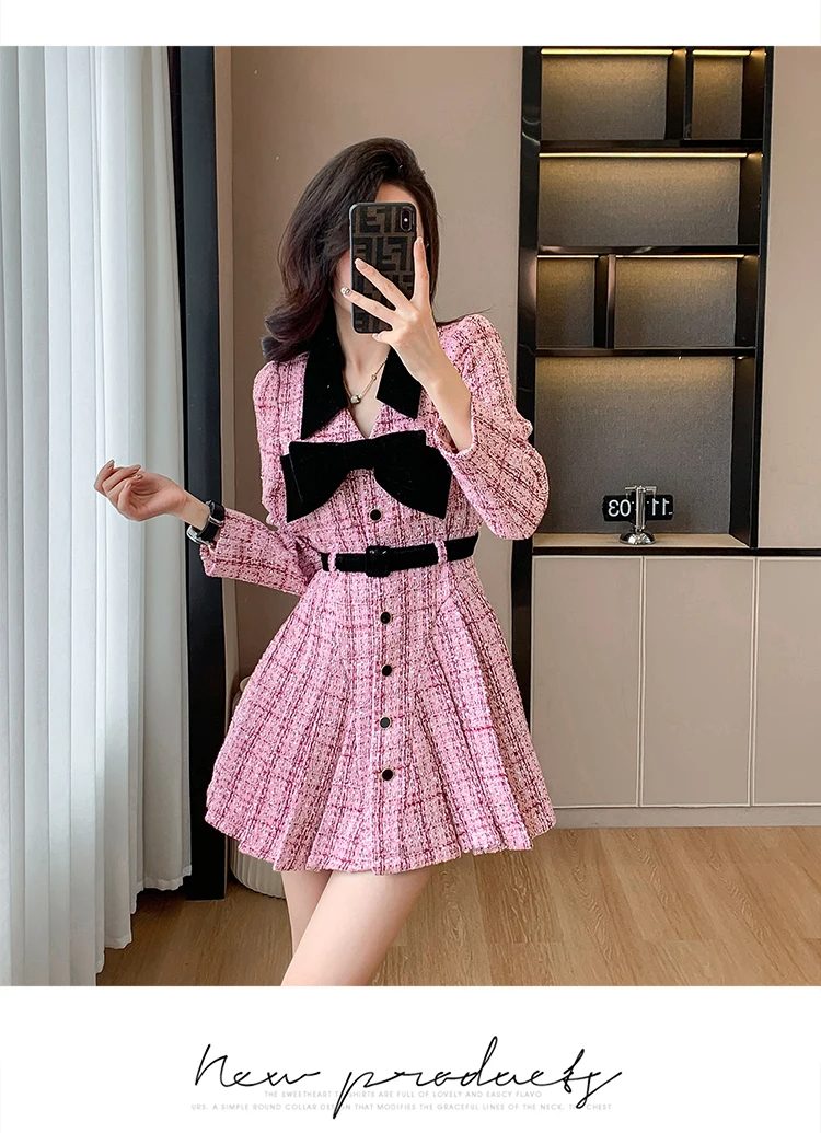 Basic Casual Dresses Autumn Winter Sweet Pink Tweed Pleated Mini Dress For Women Lapel Collar Velvet Bowknot Thick Single Breasted Belt Clothes 2024