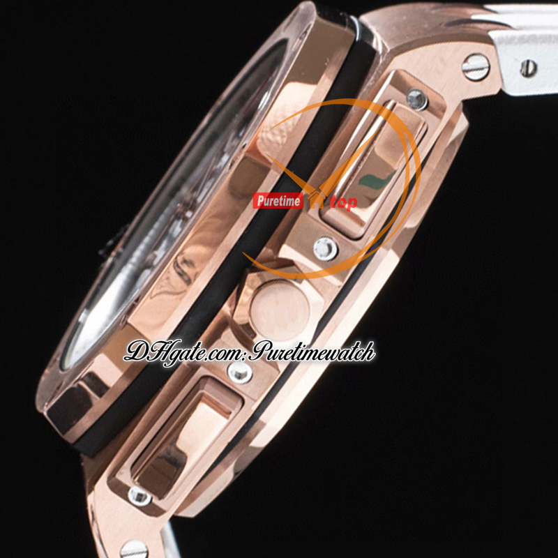 APF 44mm 26408RO A3126 Otomatik Kronograf Erkek Saat Gül Altın Siyah İç Beyaz Dial Sopa İşaretleri Kauçuk Özel Teknoloji Süper Sürüm PureTiMewatch C3