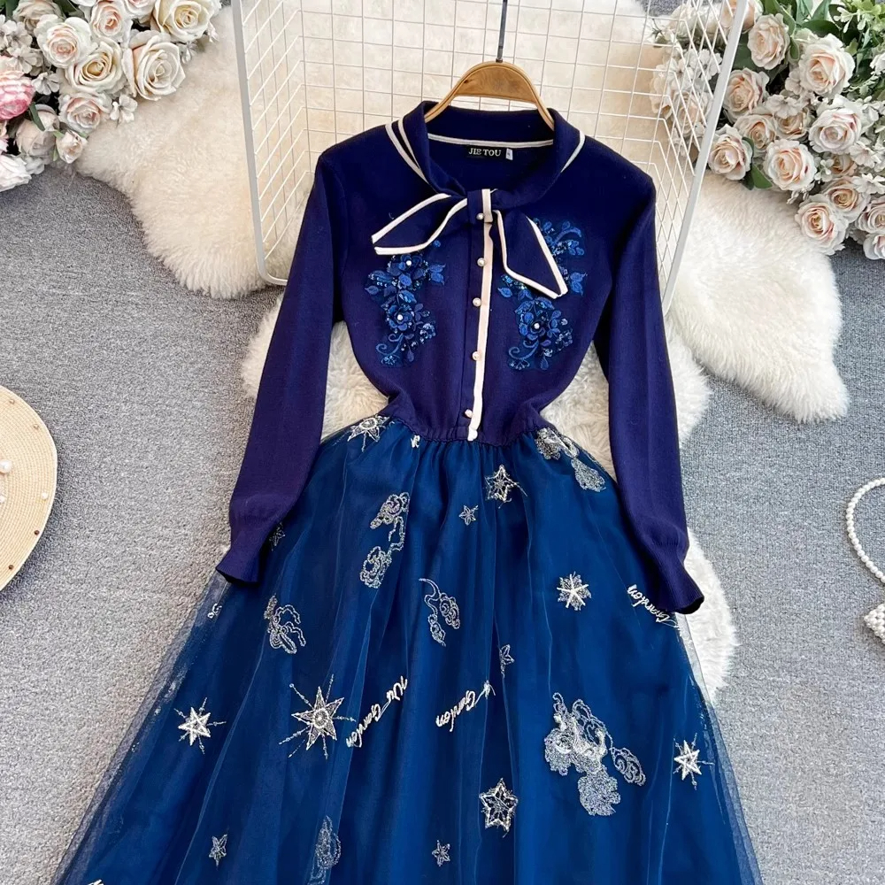 Basic Casual Dresses Fashion Autumn Winter Mesh Sequin Embroidery Midi Dress For Women Bow Collar Flower Knitted Patchwork Long Sleeve Office Clothes 2024