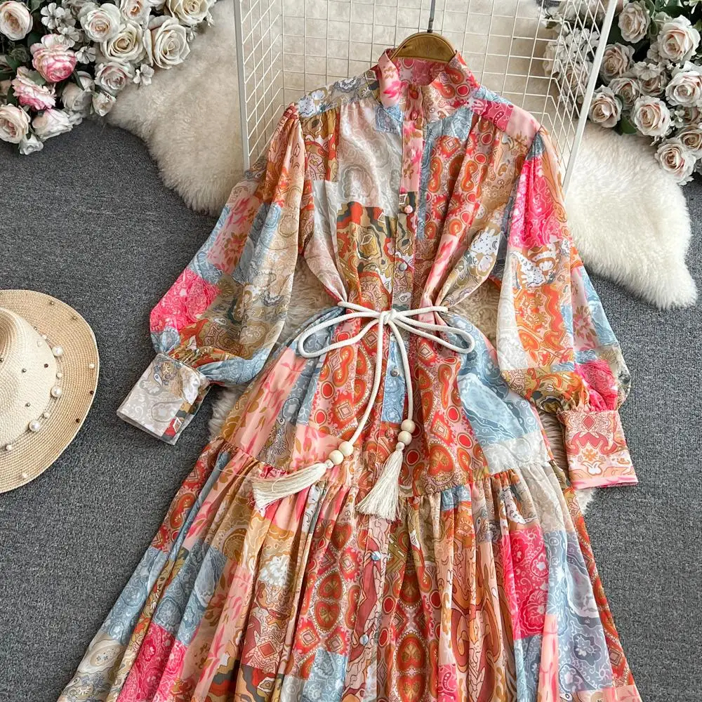 Basic Casual Dresses 2024 Spring Bohemian Chiffon Maxi Dress Women's Turtleneck Lantern Sleeve Single Breasted Flower Print Belt Holiday Vestidos