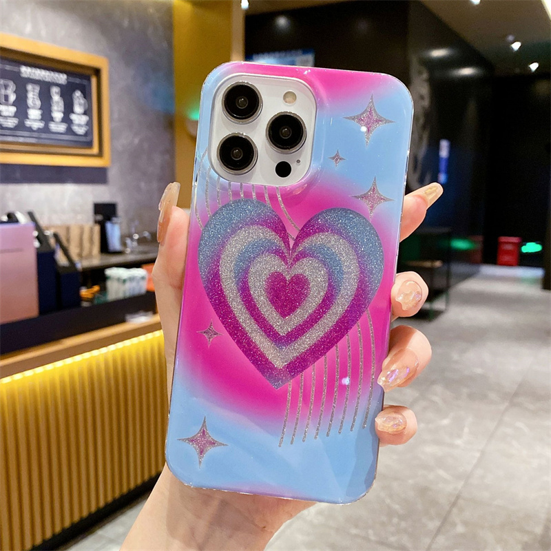 Coque de téléphone en poudre pailletée dégradée Love Heart pour iPhone 14 Plus 13 11 12 Pro Max, couverture de luxe avec revêtement double face et antichoc 1 pièces