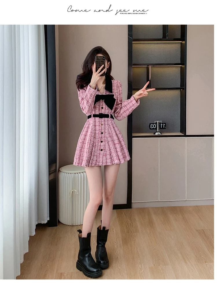 Basic Casual Dresses Autumn Winter Sweet Pink Tweed Pleated Mini Dress For Women Lapel Collar Velvet Bowknot Thick Single Breasted Belt Clothes 2024