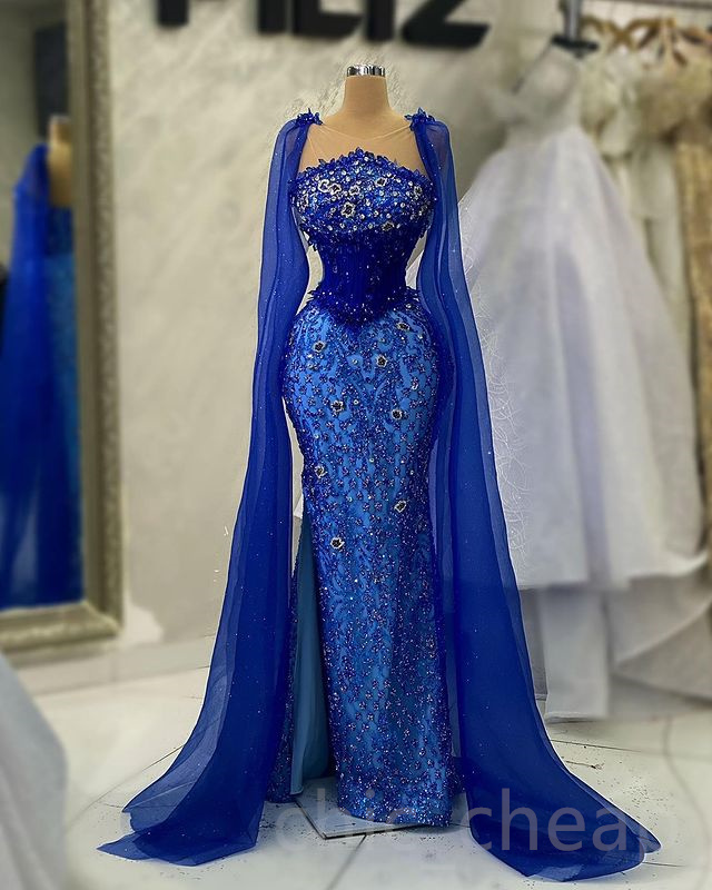 2023 april Aso Ebi Mermaid Crystals Prom Dress Royal Blue Sexig Evening Formal Party Second Reception födelsedagsengagemang klänningar klänningar mantel de soiree zj514