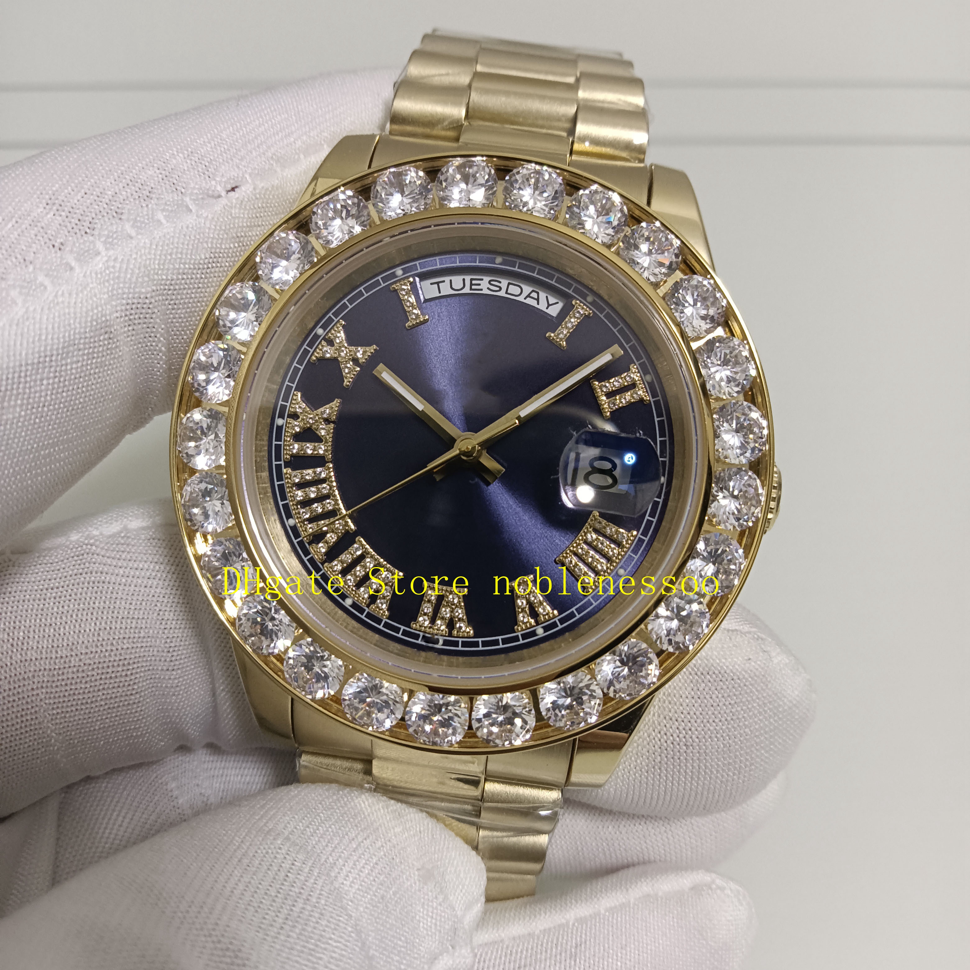 Relógio masculino de ouro amarelo, 5 estilos, real po, com caixa, 43mm, azul, preto, mostrador grande, moldura de diamante, vermelho, azul, verde, ásia 2813, movemen208y