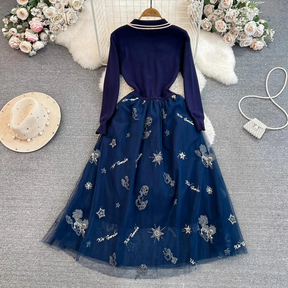 Basic Casual Dresses Fashion Autumn Winter Mesh Sequin Embroidery Midi Dress For Women Bow Collar Flower Knitted Patchwork Long Sleeve Office Clothes 2024