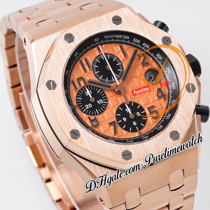 APF 42mm 26470OR A4404 Automatic Chronograph Mens Watch Rose Gold Champagne Black Textured Dial Stainless Steel Bracelet Super Edition Reloj Hombre Puretime A1