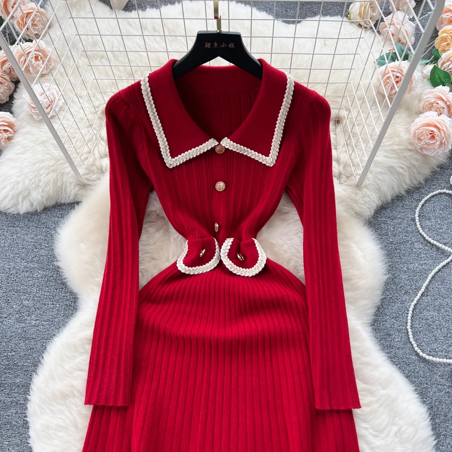 Basic Casual Dresses Temperament Celebrity Style Knitted Pleated Dress Fall Winter Women Lapel Collar Buttons Deco Weave Red Thick Sweater Vestidos 2024