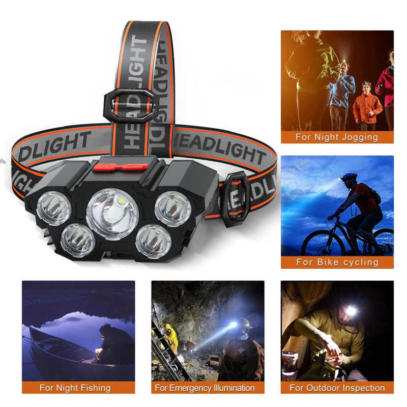 Head lamps 5 LED Headlamp Rechargeable Head Lamp with Built-in 18650 Battery Outdoor Camping Headlight Head Flashlight Head Light P230411