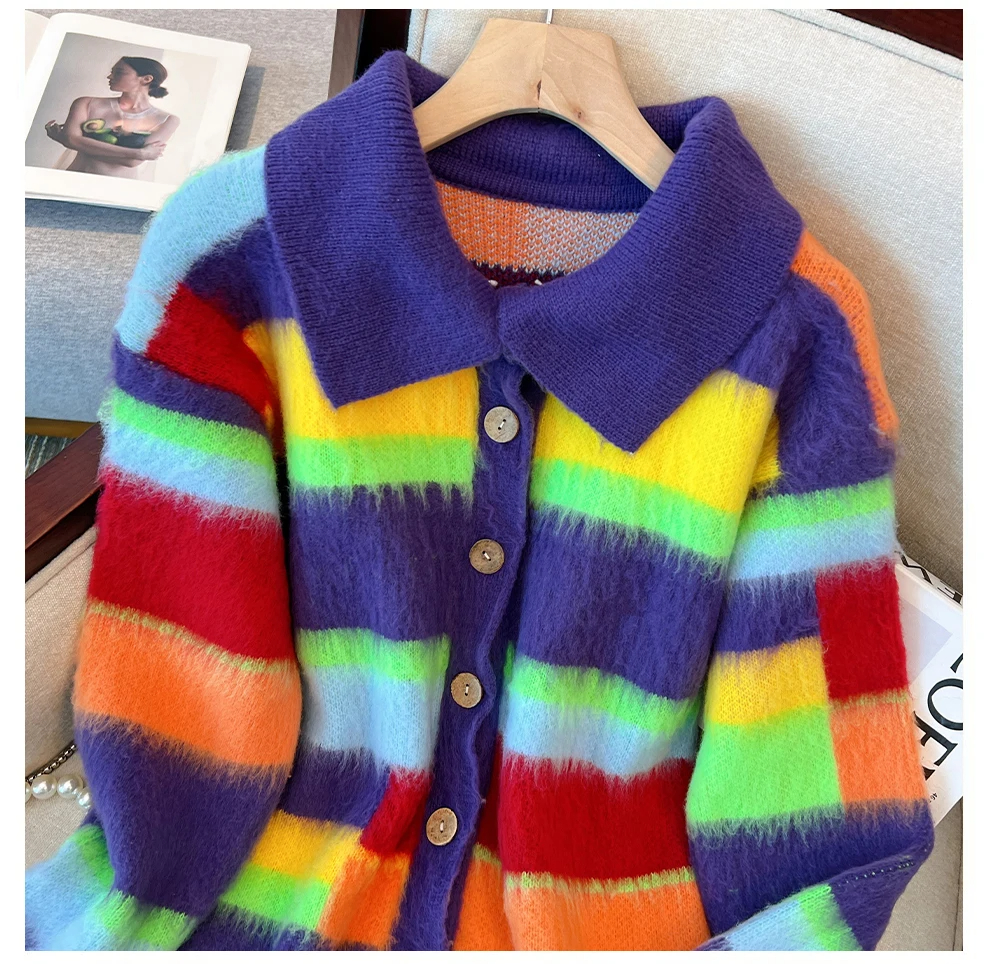 Women's Sweaters New Autumn Winer Rainbow Striped Knitted Long Sweater Coat Lazy Style Women Lapel Single Breasted Mohair Thick Cardigan Outwear 2024