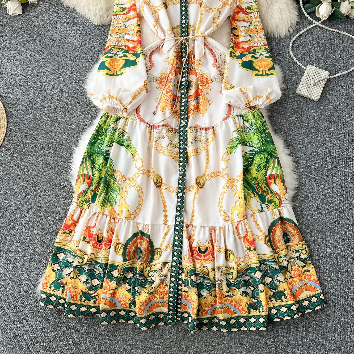 Podstawowe sukienki swobodne Autumn Bohemian Single Bered Botton Botton Linen Dress Women Lapel Collar Clar Vintage Print koronkowy pasek MAXI Vestidos 2024