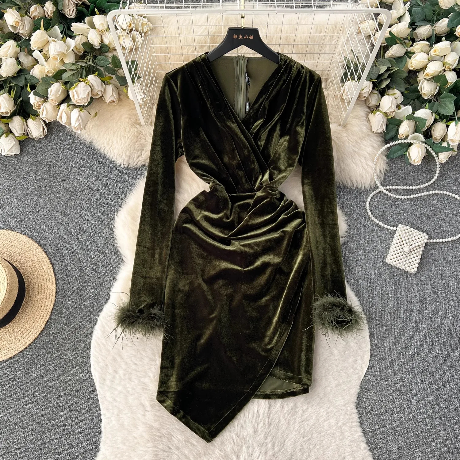 Basic Casual DressesVintage Autumn Winter Velvet Purple Party Dress New Elegant Women Feather Long Sleeve V Neck Bodycon Irregular Mini Clothes 2024