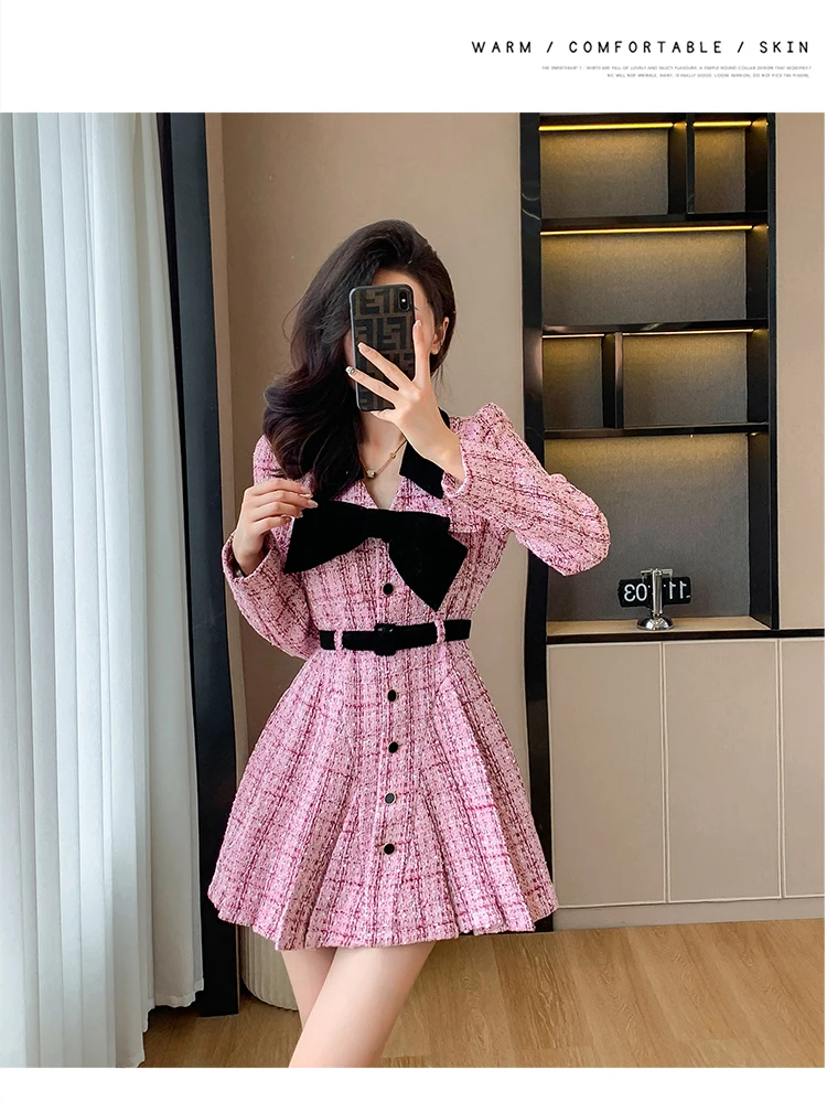 Basic Casual Dresses Autumn Winter Sweet Pink Tweed Pleated Mini Dress For Women Lapel Collar Velvet Bowknot Thick Single Breasted Belt Clothes 2024
