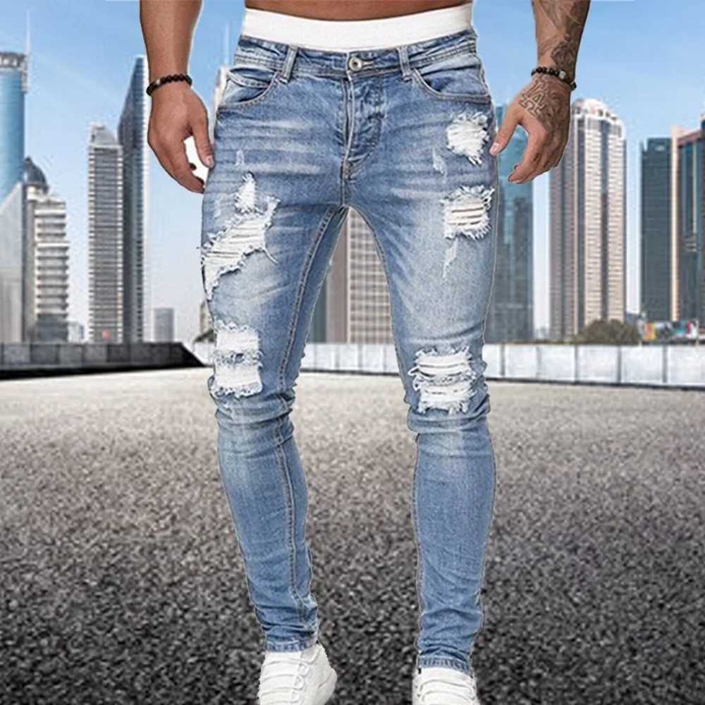 Jeans voor heren Verontruste streetwear gescheurde skinny jeans Heren Vintage wassing Effen elastisch Bikergaten Denim potloodbroek Casual slim fit joggersLF231111