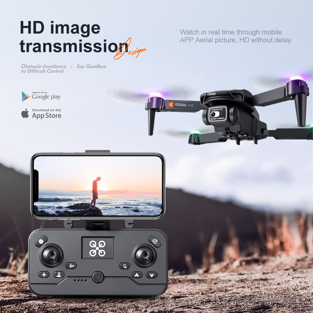 2023 newst V10 Drones colored lights obstacle avoidance UAV HD aerial photography folding remote control aircraft trade quadcopter