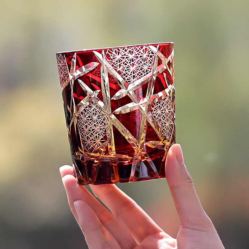 Japanese Royal Special Retro Edo Kiriko Wine Tumbler Hand Cut Flashing Lightning Design Amber Whiskey Glass High End Gift Box