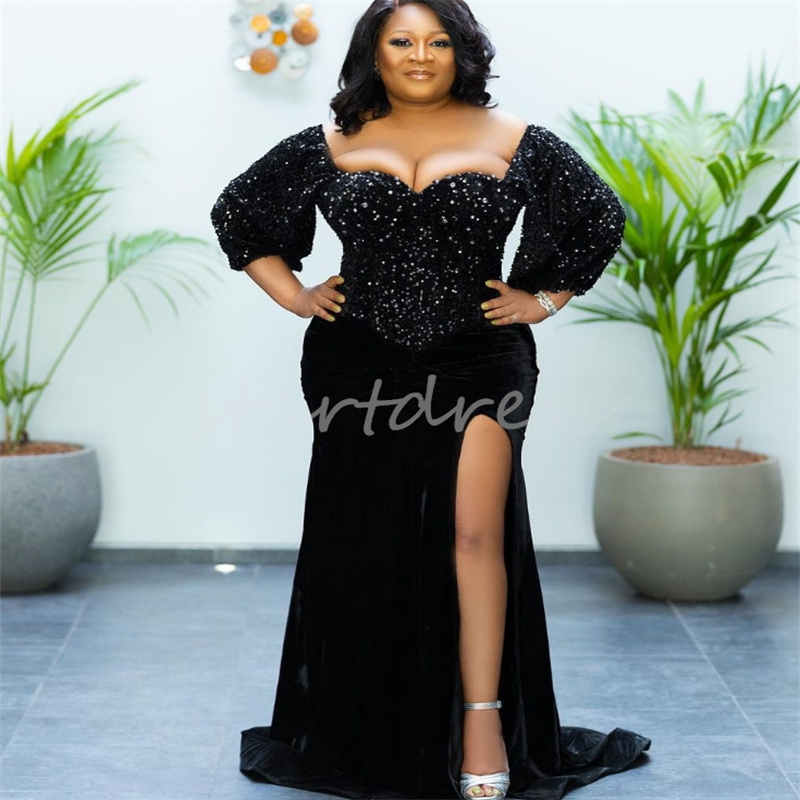 Tamanho grande preto africano lantejoulas vestido de noite glam plus size sereia vestido de baile para mulheres negras com fenda elegante veludo formal festa de dança vestido de baile robe de soiree 2024