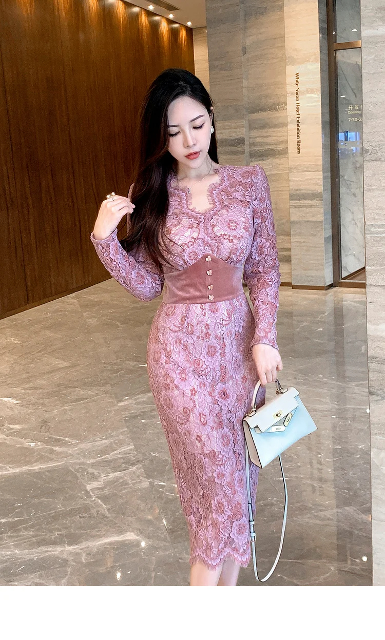 Basic Casual Dresses New 2024 France Elegant Women V Neck Lace Evening Dress Vintage Autumn Pink Floral Hollow Out Long Sleeve Bodycon Midi Vestidos