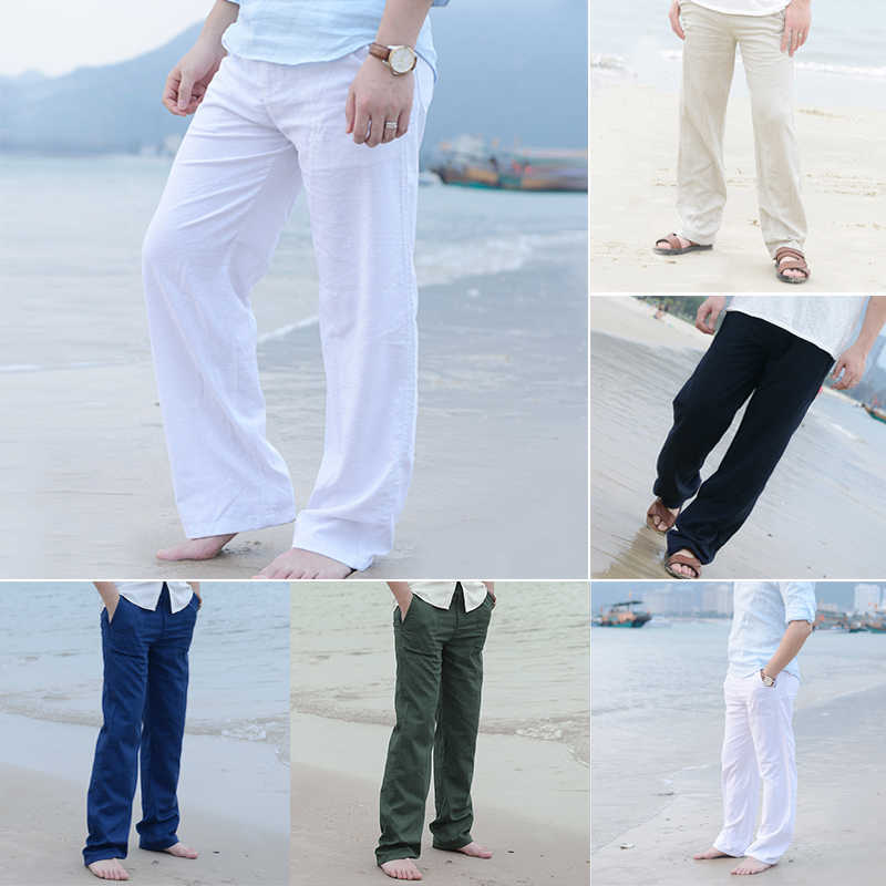 Pantaloni da uomo Uomo Casual Cotone Lino Wed Leg thai pescatore Pantaloni lunghi larghi Bianco Nero Tinta unita Autunno Estate M-3XL W0411