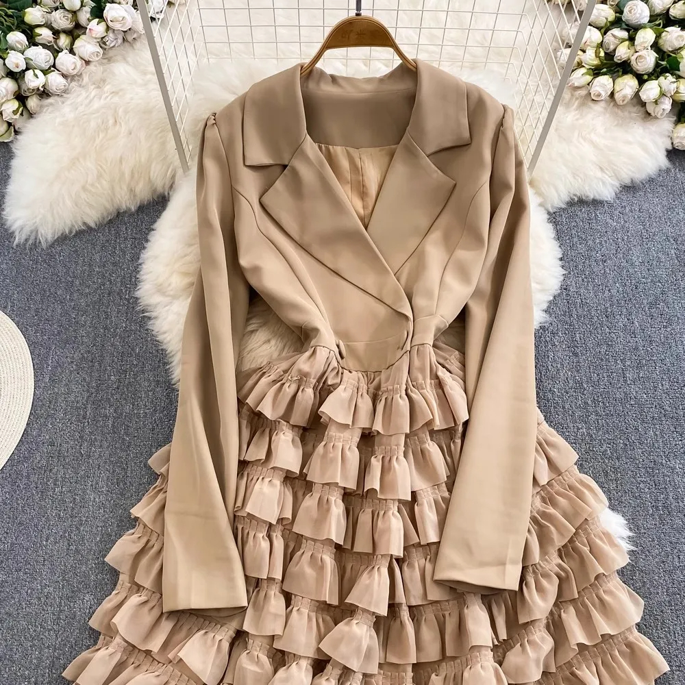 Casual Dresses New Autumn Winter hacked Collar Ladies Office Cake Dress Elegant Women Double Breasted Long Sleeve Layers Ruffles Midi Vestidos 2024