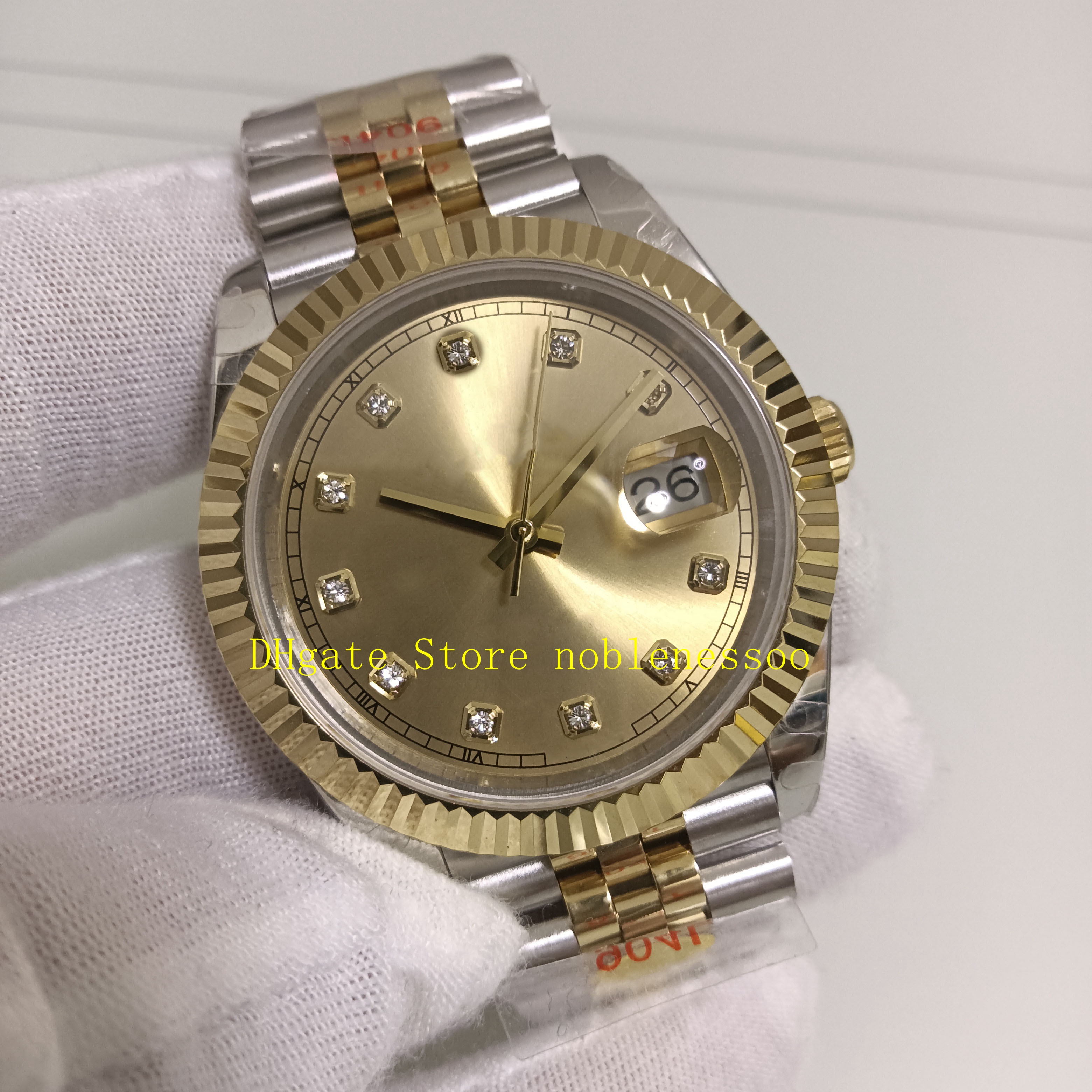 20 estilo real po 904l relógio de aço masculino 41mm champanhe diamante dial 18k ouro amarelo moldura canelada vidro safira v12 versão cal 3306z