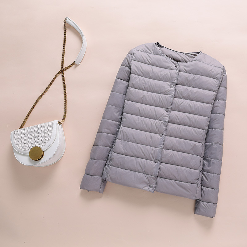 LL Automne et hiver nouveau manteau en duvet sans col pour femmes léger mince pratique col rond coupe ajustée manteau en duvet court pour femmes manteau d'hiver