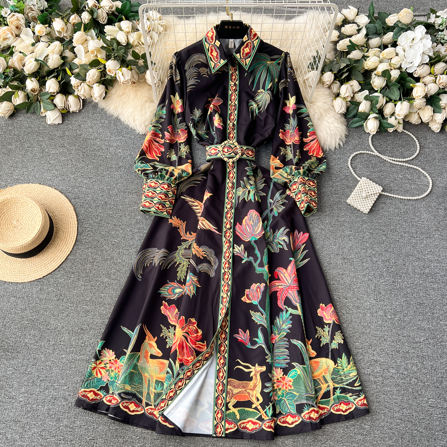 Grundläggande avslappnade klänningar Nya 2024 Spring Fashion Runway Dress for Women Shirt Collar Long Lantern Sleeve Floral Print Elegant Belt Holiday Boho Robe Vestidos