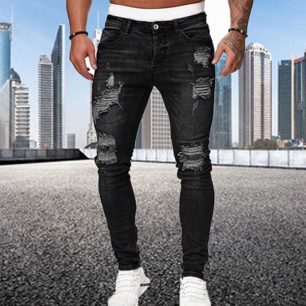 Jeans voor heren Verontruste streetwear gescheurde skinny jeans Heren Vintage wassing Effen elastisch Bikergaten Denim potloodbroek Casual slim fit joggersLF231111