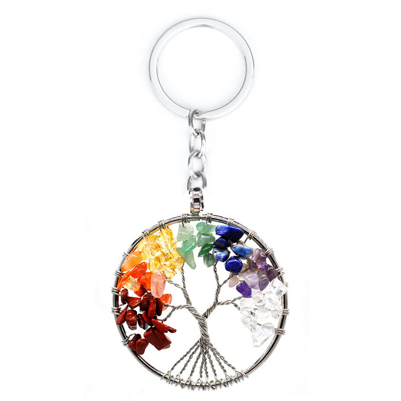 Natuurlijke kristallen stenen boom van het leven sleutelringen hanger 7 chakra hangende koperdraad wrap round love heart sleutelhanger houder