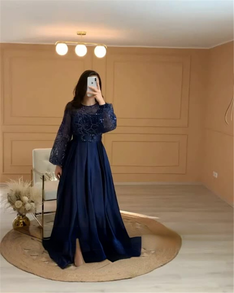 Robe de soirée trapèze bleu marine, manches longues bouffantes, dentelle brillante, Satin, fente latérale, robe de bal pour femmes arabes saoudiennes