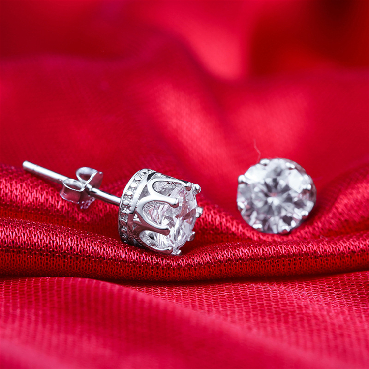 크라운 이어링 크라운을 가진 둥근 지르콘 크리스탈 스터드 크라운 귀걸이 925 실버 링 다이아몬드 가공 된 사랑 CA323