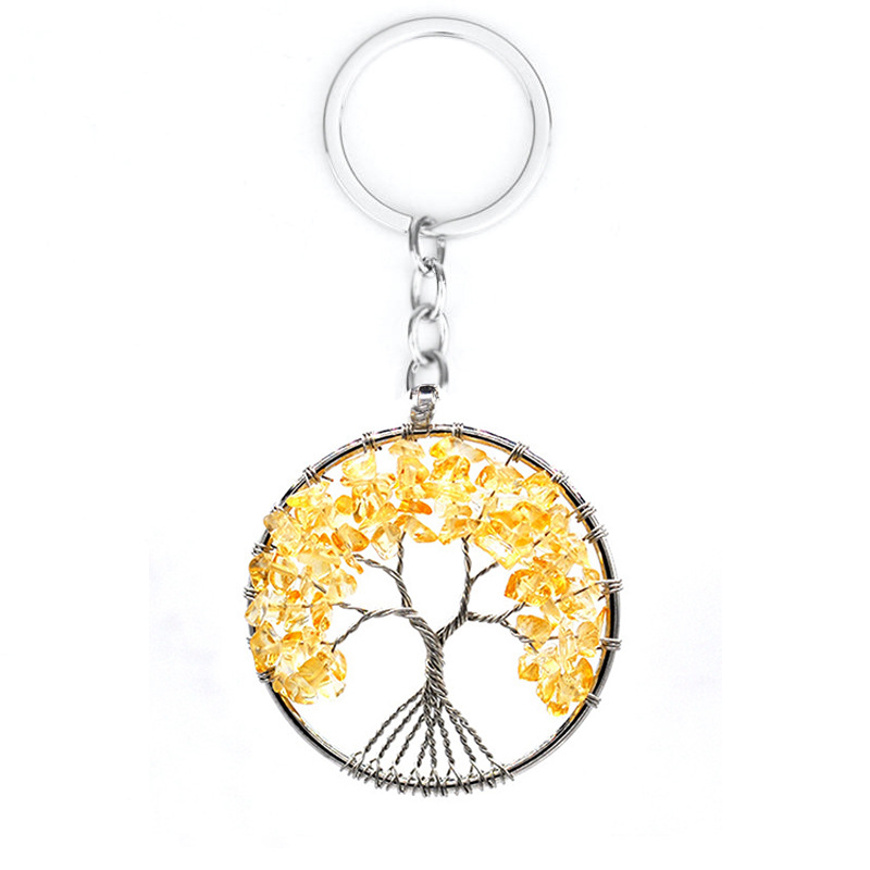 Natural Crystal Stone Tree of Life Key Rings Pendant 7 Chakra Hanging Copper Wire Wrap Round Love Heart Keychain Holder