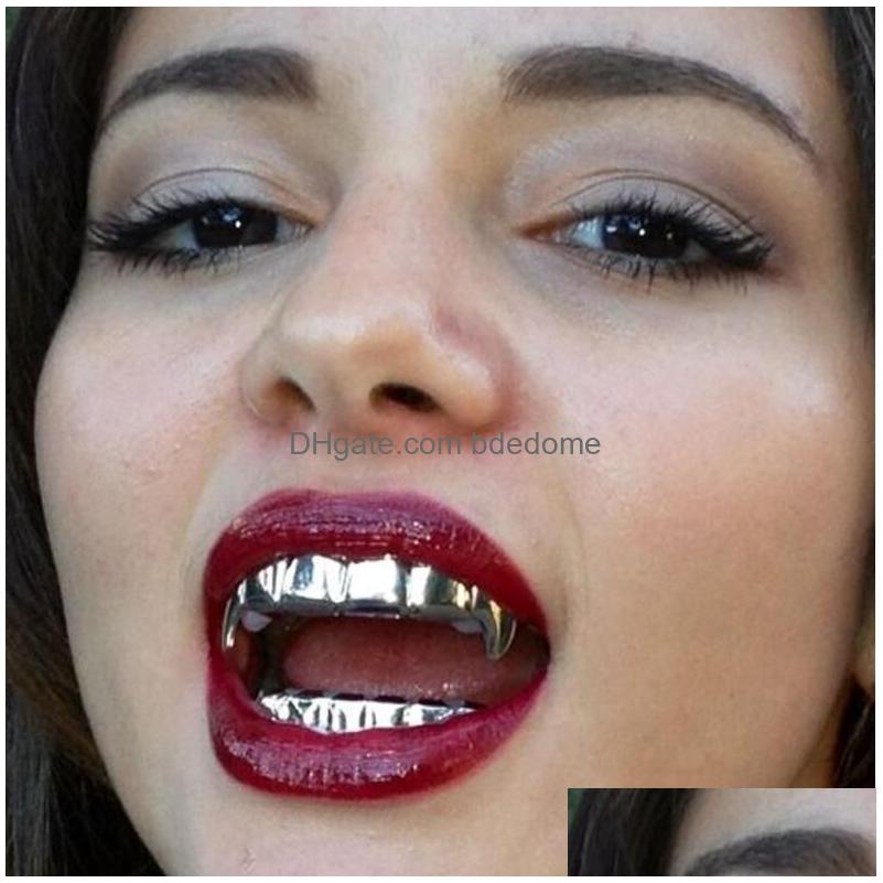 Denti Hip Hop placcati in oro Grillz 15 disegni Griglie dentali superiori inferiori Bocca Punk Caps Cosplay Party Vampire Rapper Gioielli Drop Deliver Dhbn3