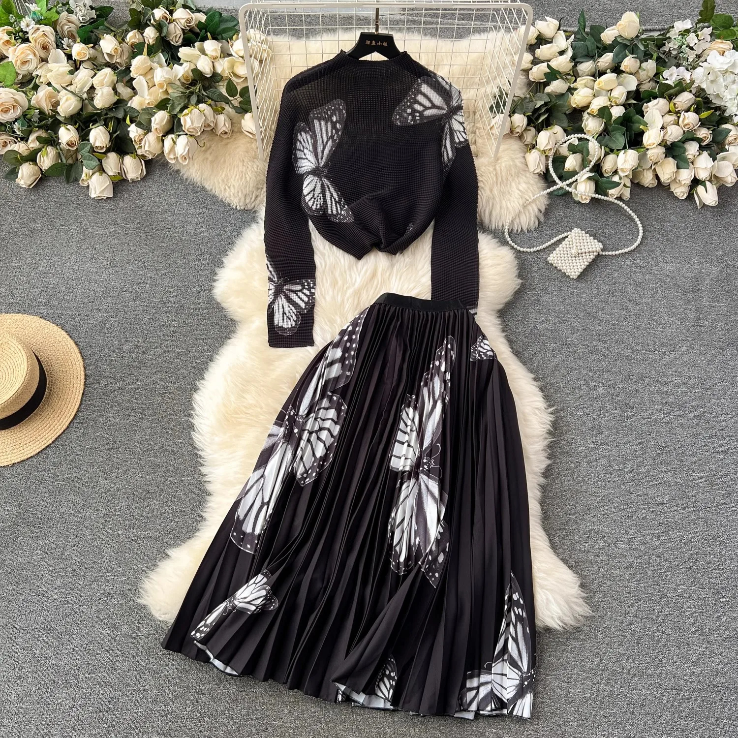 Tvådelklänningssatser Ny veckad Autumn Set Fashion Women Stand Collar Long Sleeve Printing Tops Elastic Waist Midi kjol kostymer 2024