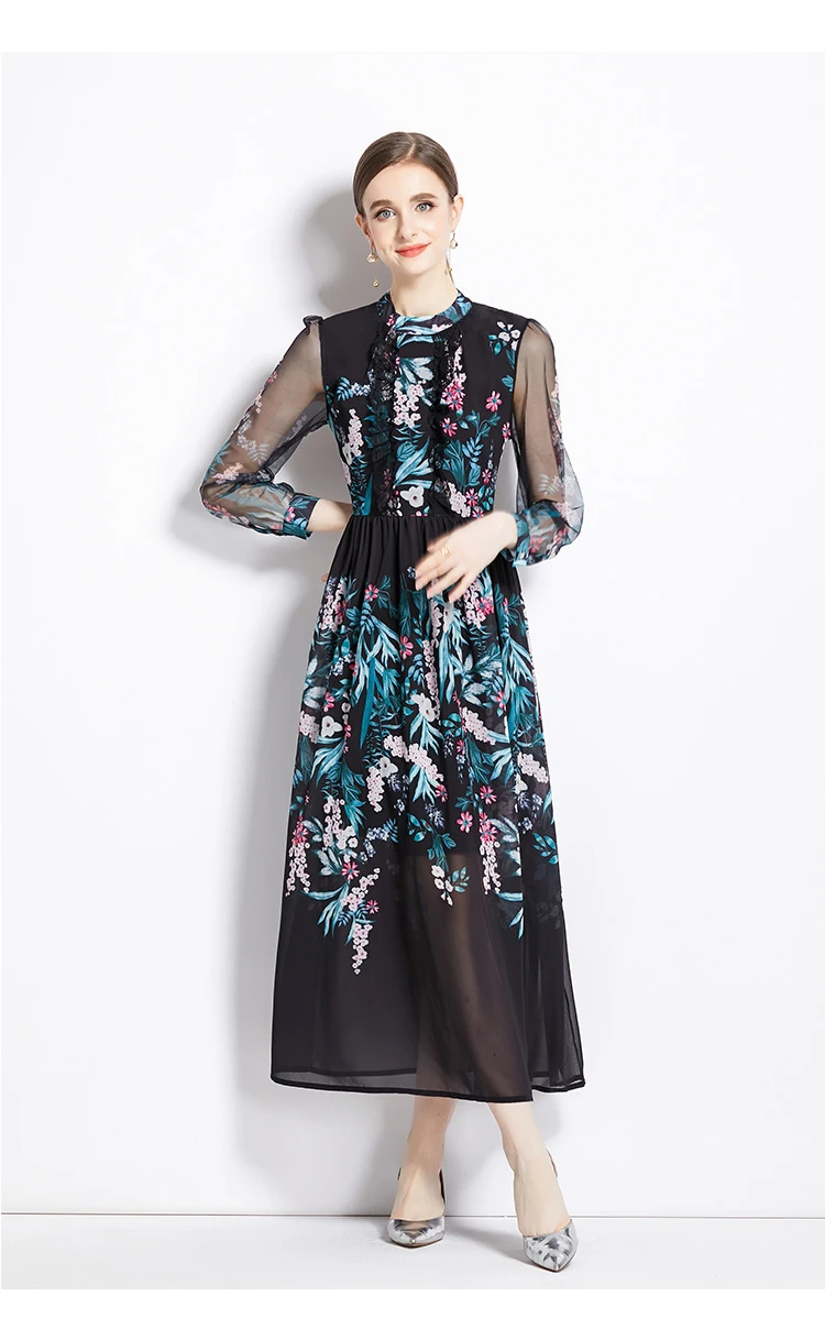 Basic Casual Dresses New Elegant Autumn Chiffon Long Sleeve Vestido Runway Women Stand Collar Flower Print Lace Ruffles Holiday Black Maxi Dress 2024